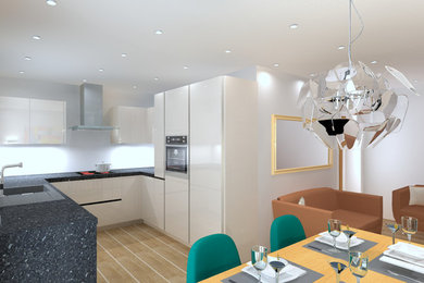 Medium sized modern l-shaped open plan kitchen in Surrey with glass-front cabinets, beige cabinets, quartz worktops, stainless steel appliances, medium hardwood flooring and no island.