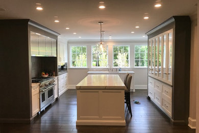 Photo of a medium sized classic kitchen/diner in Chicago with glass-front cabinets, white cabinets, marble worktops, stainless steel appliances, dark hardwood flooring, an island and white worktops.