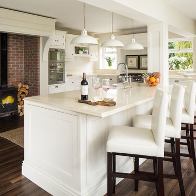 Eat-in kitchen - traditional dark wood floor eat-in kitchen idea in Dublin with shaker cabinets, white cabinets and stainless steel appliances