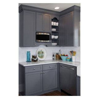 Painted Serious Gray and TrueColor Glacier Kitchen Cabinets