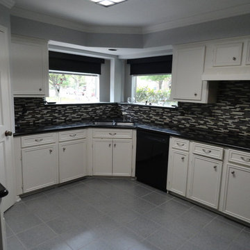 Kitchen, glass mosaic tile, floor tile, paint, before and after