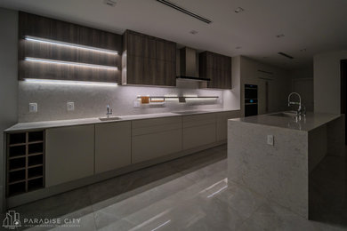 Foto på ett stort funkis grå linjärt kök och matrum, med en integrerad diskho, släta luckor, vita skåp, bänkskiva i kvarts, grått stänkskydd, integrerade vitvaror, klinkergolv i porslin, en köksö och grått golv