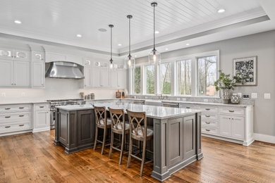 Elegant l-shaped medium tone wood floor, brown floor and shiplap ceiling kitchen photo in DC Metro with a farmhouse sink, beaded inset cabinets, white cabinets, stainless steel appliances, an island and gray countertops