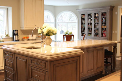 Kitchen - large traditional kitchen idea in Chicago with beige cabinets, stainless steel appliances and an island