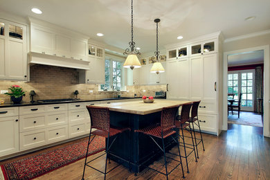 Foto de cocina de tamaño medio con puertas de armario blancas, suelo de madera en tonos medios y una isla