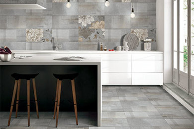 Eat-in kitchen - contemporary eat-in kitchen idea in Other with gray backsplash and porcelain backsplash