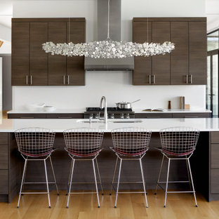 Huge contemporary eat-in kitchen inspiration - Huge trendy single-wall light wood floor and brown floor eat-in kitchen photo in Baltimore with a double-bowl sink, flat-panel cabinets, dark wood cabinets, white backsplash, stainless steel appliances, an island and white countertops