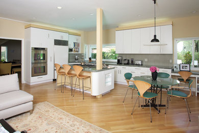 Example of a large trendy l-shaped light wood floor open concept kitchen design in San Diego with white cabinets, gray backsplash, stainless steel appliances, an island, flat-panel cabinets, a single-bowl sink and granite countertops