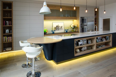 Zweizeilige Moderne Wohnküche mit integriertem Waschbecken, Kassettenfronten, weißen Schränken, Granit-Arbeitsplatte, Elektrogeräten mit Frontblende, hellem Holzboden und Kücheninsel in Sonstige