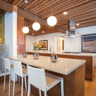 Eat-in kitchen - large 1950s galley medium tone wood floor and brown floor eat-in kitchen idea in Salt Lake City with flat-panel cabinets, medium tone wood cabinets, stainless steel appliances, quartzite countertops and an island