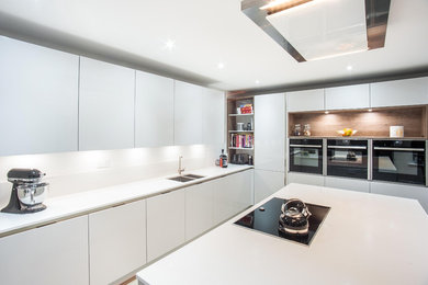 Inspiration for a large contemporary l-shaped enclosed kitchen in Other with a built-in sink, flat-panel cabinets, grey cabinets, quartz worktops, white splashback, black appliances, vinyl flooring and an island.
