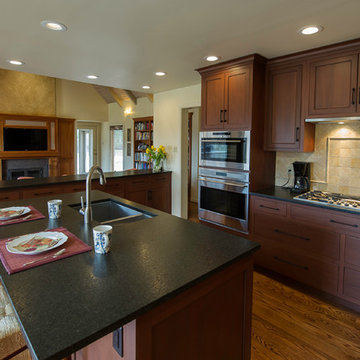 Kitchen-Mahogany Cabinets with Black Pearl Leathered Countertop