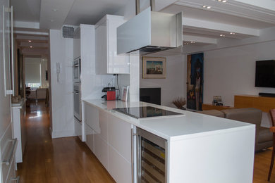 ニューヨークにある小さなモダンスタイルのおしゃれなII型キッチン (フラットパネル扉のキャビネット、白いキャビネット、シルバーの調理設備、無垢フローリング) の写真