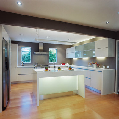 Kitchen - contemporary kitchen idea in Los Angeles with stainless steel appliances, flat-panel cabinets, white cabinets and glass sheet backsplash