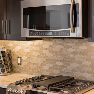 Kitchen | Modern Espresso Cabinets | Glass Mosaic Tile & Quartz Marble
