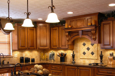 Example of a large classic l-shaped eat-in kitchen design in New York with a double-bowl sink, medium tone wood cabinets, onyx countertops, beige backsplash, cement tile backsplash, black appliances and an island