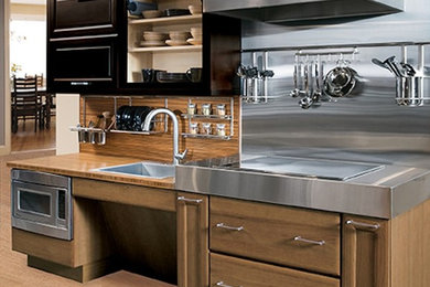 Trendy kitchen photo in Other with shaker cabinets, medium tone wood cabinets and stainless steel appliances