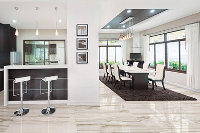 Eat-in kitchen - mid-sized contemporary porcelain tile and beige floor eat-in kitchen idea in Toronto with beaded inset cabinets, dark wood cabinets, stainless steel appliances, an island and quartzite countertops