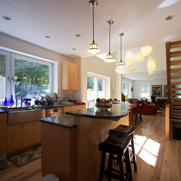 Kitchen opens to living areas