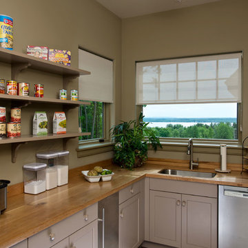 Kitchen Pantry with Butcher Block Countertops and Open Shelves