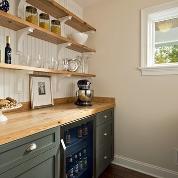 Kitchen Pantry with Butcher Block Countertops and Wood Open Shelves
