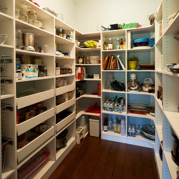 Kitchen Pantry with Open Shelves and Pullout Drawers