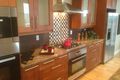 Example of a huge trendy single-wall light wood floor eat-in kitchen design in Denver with raised-panel cabinets, medium tone wood cabinets, granite countertops, multicolored backsplash and stainless steel appliances