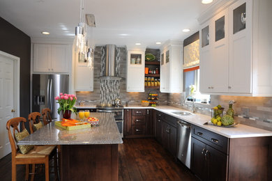 Inspiration for a mid-sized contemporary l-shaped dark wood floor eat-in kitchen remodel in Cincinnati with an undermount sink, shaker cabinets, quartz countertops, gray backsplash, stainless steel appliances, an island and subway tile backsplash