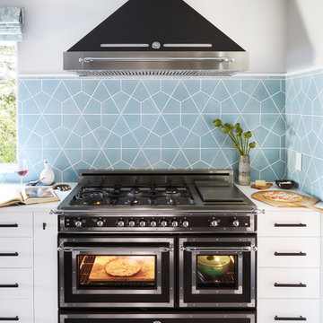 Kitchen Range with Blue Tile Backsplash
