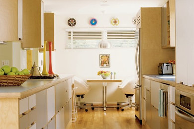 Imagen de cocina comedor bohemia con armarios con paneles lisos, puertas de armario grises y electrodomésticos de acero inoxidable