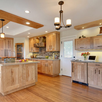Kitchen - red birch cabinets, quartz and live wood edge countertops