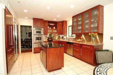 Example of a large trendy u-shaped ceramic tile and beige floor eat-in kitchen design in DC Metro with a double-bowl sink, raised-panel cabinets, medium tone wood cabinets, granite countertops, multicolored backsplash, stone slab backsplash, stainless steel appliances and an island