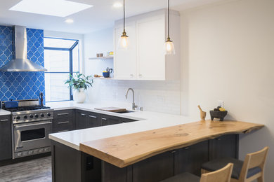 Transitional u-shaped ceramic tile and gray floor kitchen photo in San Francisco with an undermount sink, shaker cabinets, gray cabinets, quartz countertops, white backsplash, ceramic backsplash and stainless steel appliances