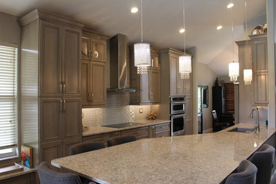 Example of a classic kitchen design with shaker cabinets, gray cabinets, quartzite countertops, multicolored backsplash, stainless steel appliances and multicolored countertops