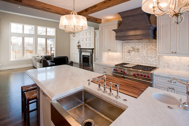 Mid-sized farmhouse galley dark wood floor open concept kitchen photo in Denver with a farmhouse sink, raised-panel cabinets, white cabinets, white backsplash, stainless steel appliances and an island