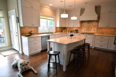 Inspiration for a large timeless l-shaped dark wood floor and brown floor eat-in kitchen remodel in Chicago with an undermount sink, shaker cabinets, white cabinets, quartzite countertops, beige backsplash, marble backsplash, stainless steel appliances, an island and beige countertops