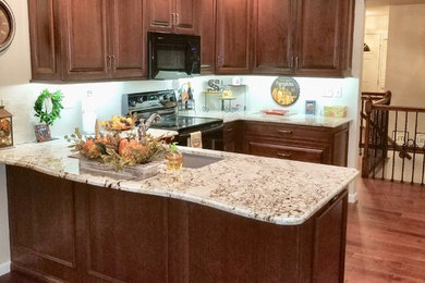 Design ideas for a classic kitchen in St Louis with raised-panel cabinets, dark wood cabinets, granite worktops, stainless steel appliances, dark hardwood flooring, an island, brown floors and beige worktops.
