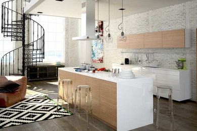 Design ideas for a contemporary galley open plan kitchen in Baltimore with a submerged sink, flat-panel cabinets, white cabinets, white splashback, medium hardwood flooring, an island, brown floors and white worktops.