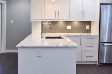 Example of a mid-sized minimalist u-shaped laminate floor and black floor kitchen pantry design in Other with an undermount sink, shaker cabinets, white cabinets, brown backsplash, mosaic tile backsplash, stainless steel appliances, a peninsula, white countertops and quartzite countertops