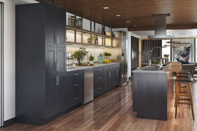 Example of a mid-sized single-wall eat-in kitchen design in Toronto with an undermount sink, shaker cabinets, gray cabinets, quartz countertops, stainless steel appliances, an island and white countertops