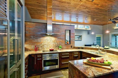 Example of a mid-sized minimalist u-shaped dark wood floor open concept kitchen design in Other with flat-panel cabinets, quartzite countertops, orange backsplash, metal backsplash, stainless steel appliances, a peninsula, a double-bowl sink and purple cabinets