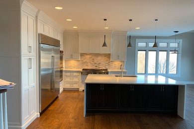 Kitchen - modern dark wood floor kitchen idea in Other with an undermount sink, shaker cabinets, white cabinets, quartz countertops, stainless steel appliances, an island and white countertops