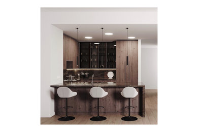 Eat-in kitchen - large modern l-shaped painted wood floor and beige floor eat-in kitchen idea in Chicago with raised-panel cabinets, medium tone wood cabinets, marble countertops, brown backsplash, marble backsplash, paneled appliances, an island and brown countertops