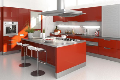 Example of a large trendy l-shaped marble floor and white floor eat-in kitchen design in San Francisco with a double-bowl sink, red cabinets, quartzite countertops, gray backsplash, ceramic backsplash, stainless steel appliances, an island and gray countertops
