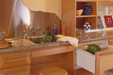 Trendy eat-in kitchen photo in Sacramento with beaded inset cabinets and light wood cabinets