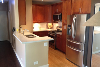 Immagine di una piccola cucina ad U con ante in legno scuro, paraspruzzi bianco, paraspruzzi con piastrelle di vetro, elettrodomestici in acciaio inossidabile e parquet chiaro