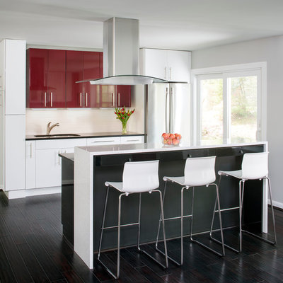 Example of a small trendy galley dark wood floor eat-in kitchen design in DC Metro with flat-panel cabinets, white backsplash, an island, an undermount sink, stainless steel appliances, solid surface countertops and ceramic backsplash