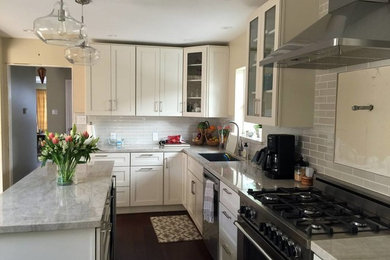 Kitchen - transitional l-shaped dark wood floor kitchen idea in San Francisco with a single-bowl sink, shaker cabinets, white cabinets, quartzite countertops, gray backsplash, subway tile backsplash, stainless steel appliances and an island