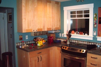 シアトルにあるおしゃれなキッチン (落し込みパネル扉のキャビネット、淡色木目調キャビネット、シルバーの調理設備) の写真