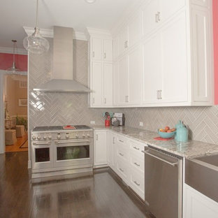 Mid-sized contemporary kitchen pantry designs - Example of a mid-sized trendy galley dark wood floor and brown floor kitchen pantry design in Richmond with a farmhouse sink, shaker cabinets, white cabinets, granite countertops, gray backsplash, porcelain backsplash, stainless steel appliances and no island